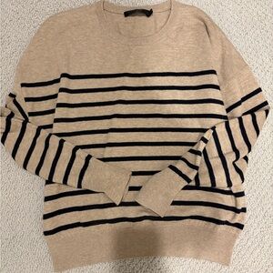 Jenni Kayne Beige and Black Striped Crewneck Sweater